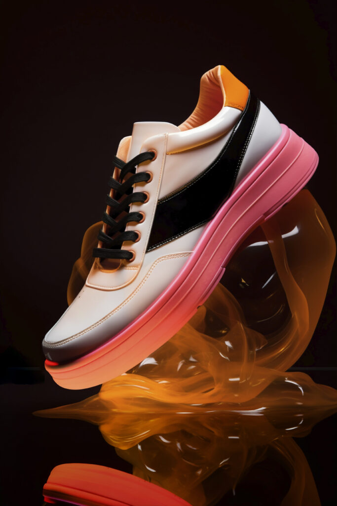 close up futuristic sneakers showcase